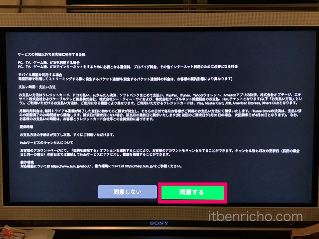 Amazon「Fire TV Stick」Huluアプリ・利用規約の内容・同意ボタン