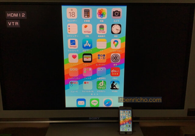 Fire TVs Stick経由でテレビ画面にiPhoneがミラーリングされた様子